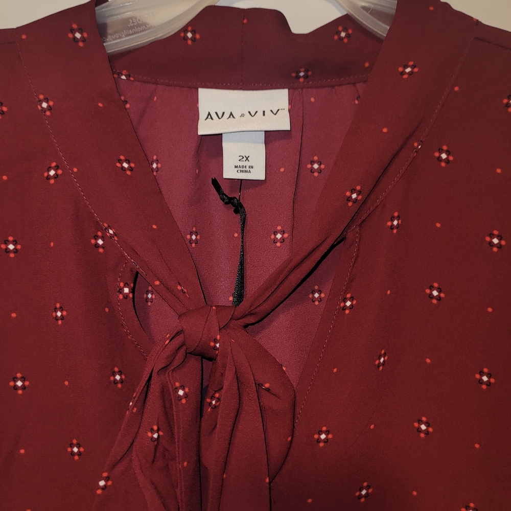 Ava & Viv Burgundy Tie-Neck Blouse with Tiny Cross Dot Print - Picture 4 of 7